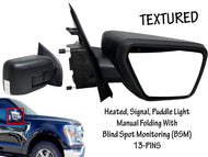 2021 2022 2023 Ford F-150 Front Door Right Side Rear View Mirror Heated Signal Puddle Light Manual Folding With BSM (Blind Spot Monitoring)