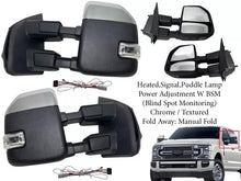 Load image into Gallery viewer, 2017 2018 2019 2020 2021 2022 Ford F-250 F-350 F-450 Super Duty Left Right Front Door Side Rear View Mirror Heated Signal Puddle Light Power Adjustment With BSM (Blind Spot Monitoring) Chrome / Textured Driver &amp; Passenger Set