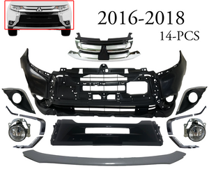 2016 2017 2018 Mitsubishi Outlander Front Bumper Cover Center Panel Upper Grille Chrome Molding Fog Lights With Covers & Lower Valance 14-PCS - Texas-e-parts